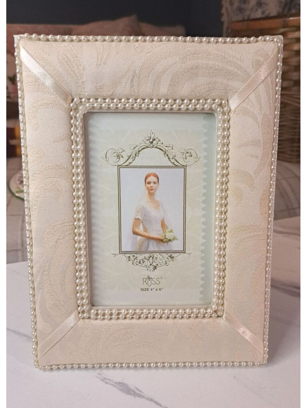 Vintage Russ Berrie Cream-Colored Floral Fabric & Pearls Picture/Photo Frame 4x6